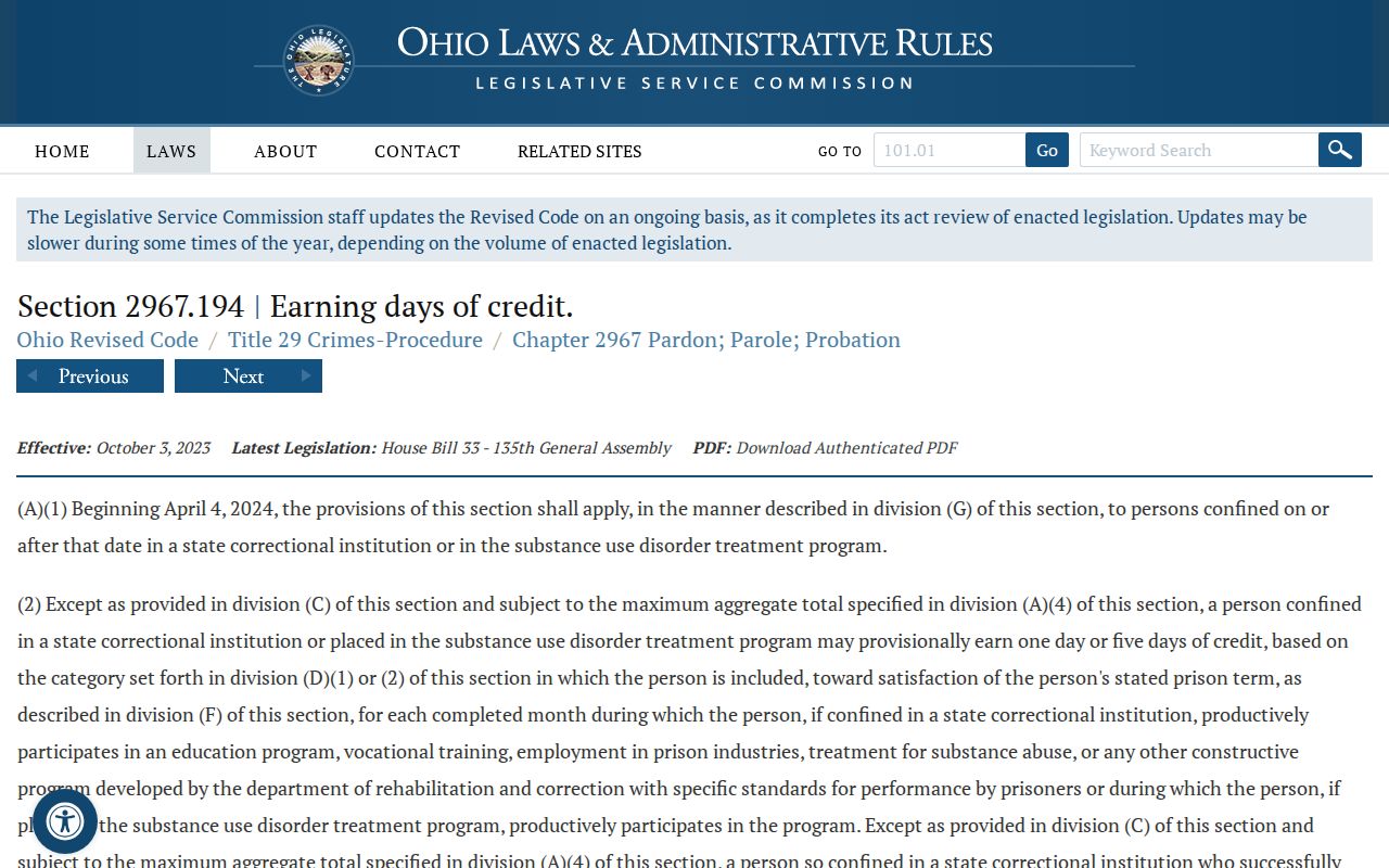 Ohio earned-credit statute affecting Paulding County projected release dates
