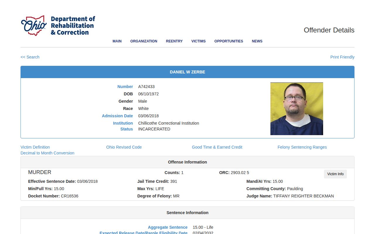 Paulding County projected release date and parole eligibility example in ODRC