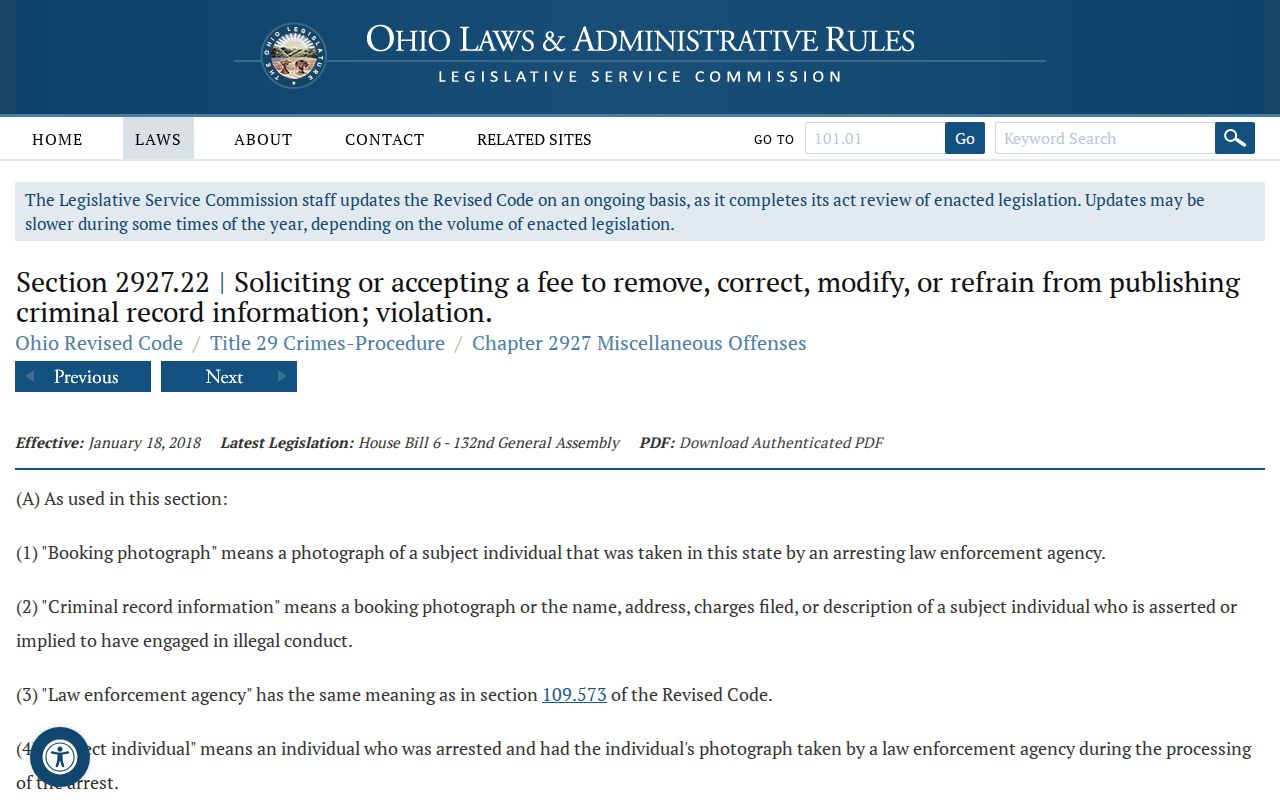 Ohio law governing payment demands involving Paulding County released inmate mugshots