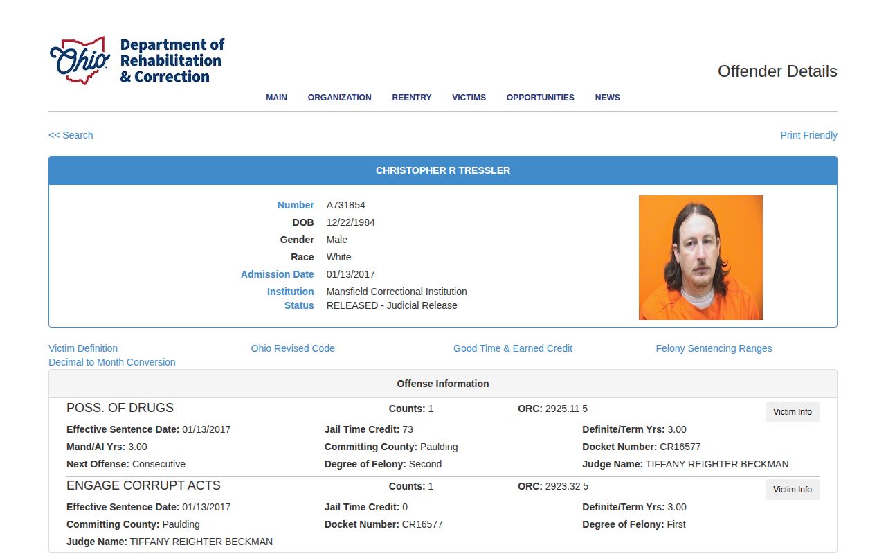 ODRC offender photo and judicial-release record for a Paulding County commitment